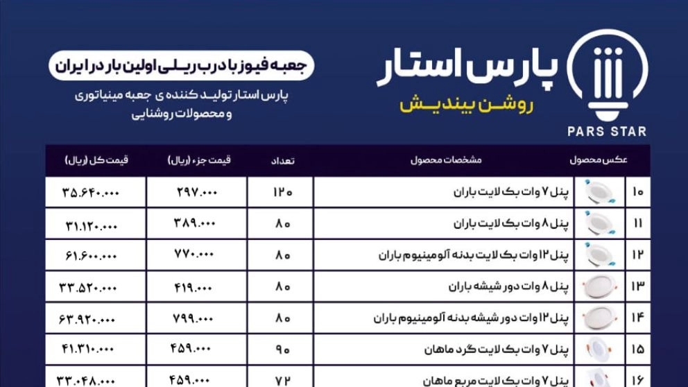 لیست قیمت پارس استار